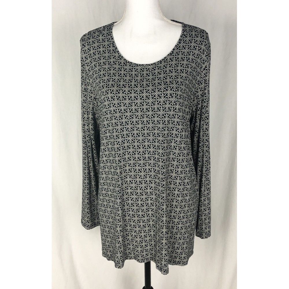 J. Jill Wearever Collection L Button Back Tunic Shirt Black Ivory‎ Long Sleeve